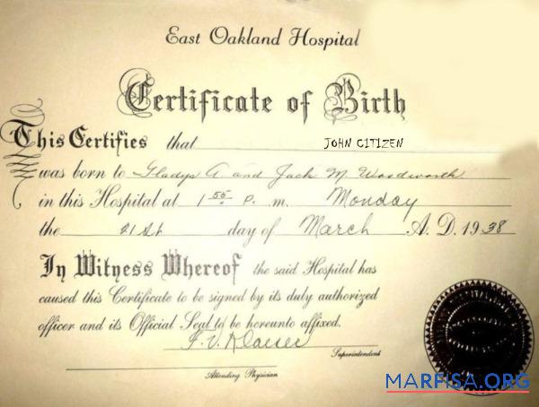 Printable United States East Oakland hospital birth certificate example